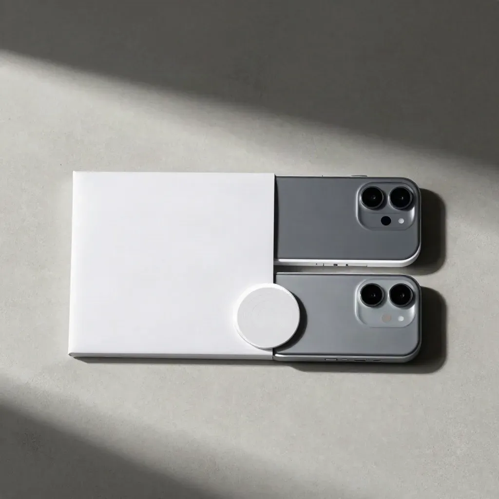 Overhead flatlay of a white ads setup sleeve, target token, and tracking modules on pale concrete.