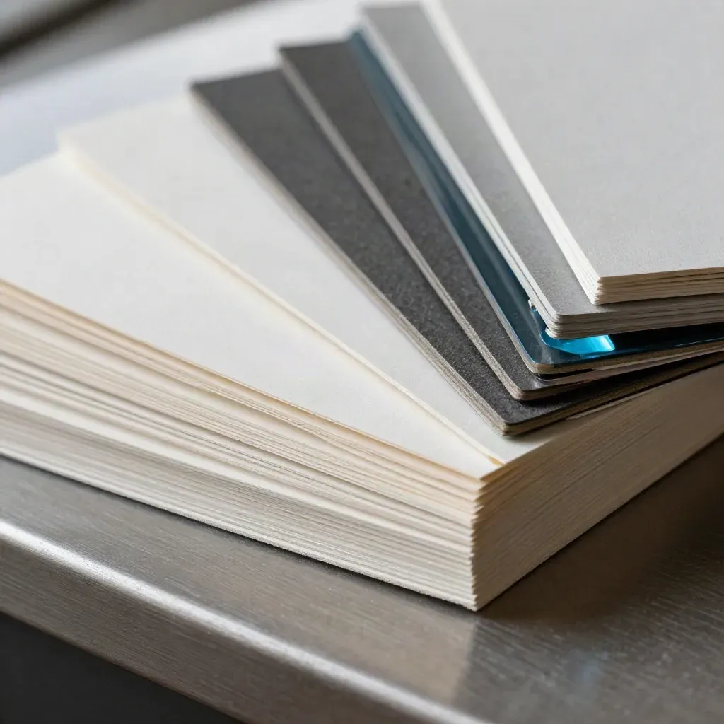 Macro of an opening brand kit pack with paper swatches, charcoal boards and a blue acrylic corner.