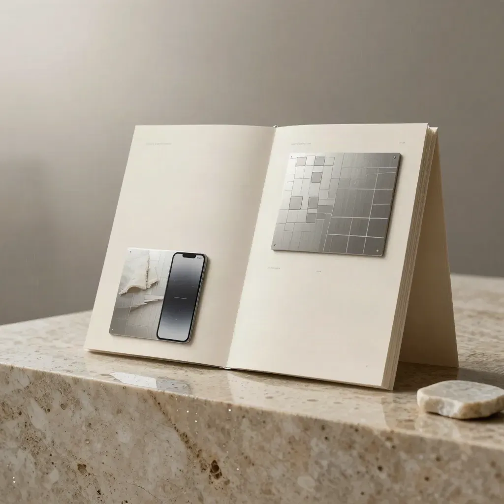 Website launch folio with device mockup, metal tile, linen swatch, and stone sample in blue-hour mist.