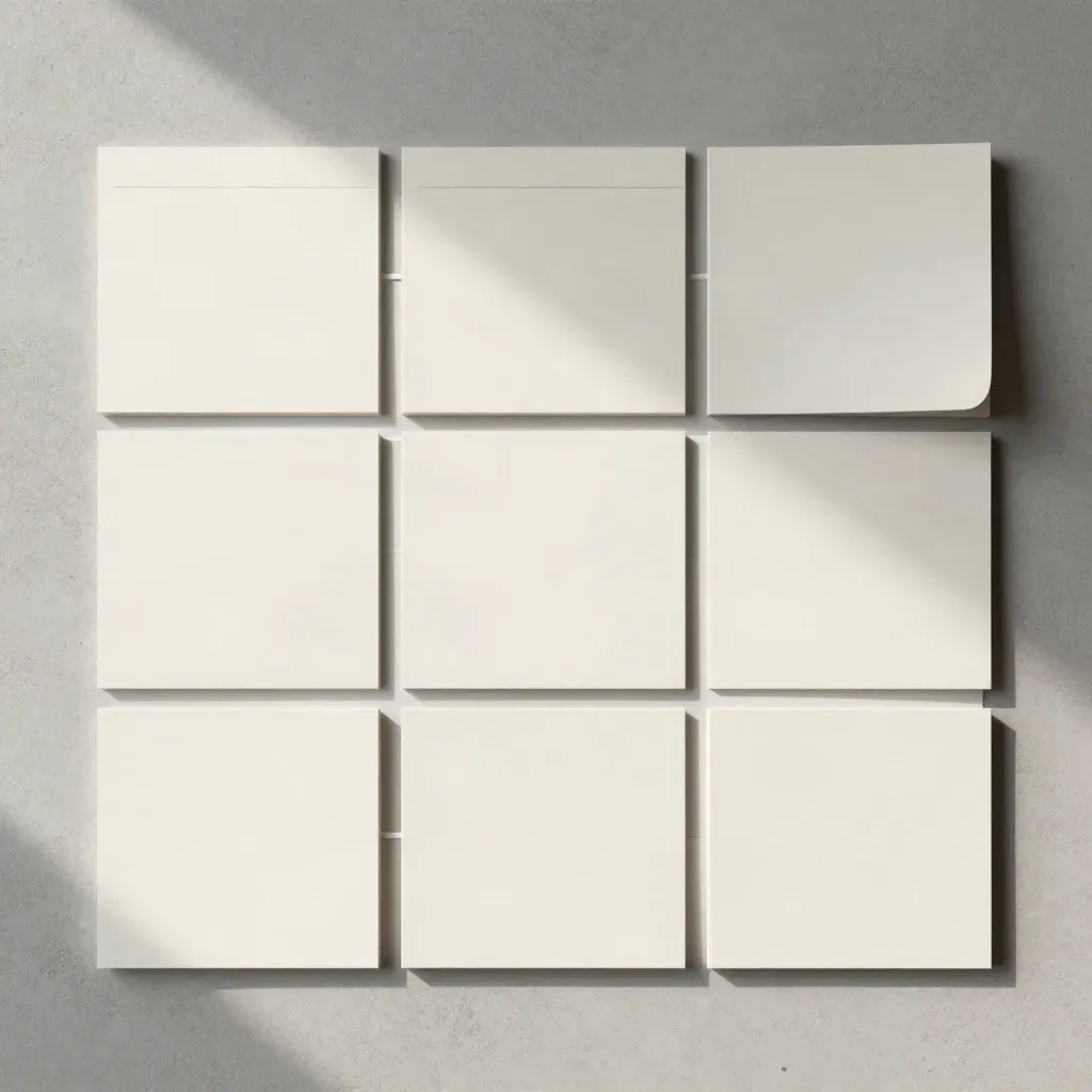 Overhead flatlay of a content planning board with topic cards and white divider strips on concrete.