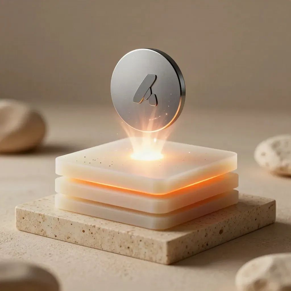 Sculptural growth-bundle objects with ember-orange glow on a travertine studio plinth