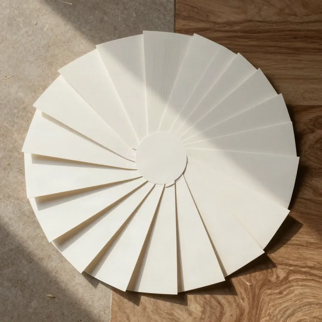 Overhead SEO content map deck with twelve fanned tabs around a blank hub on warm stone.