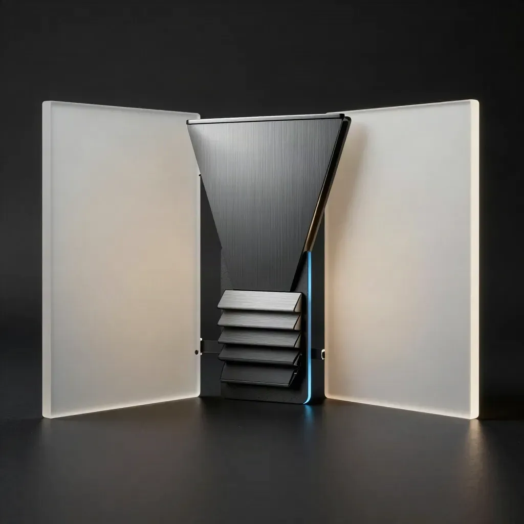 Dim studio shot of a landing page prototype with two blank panels and a central funnel block