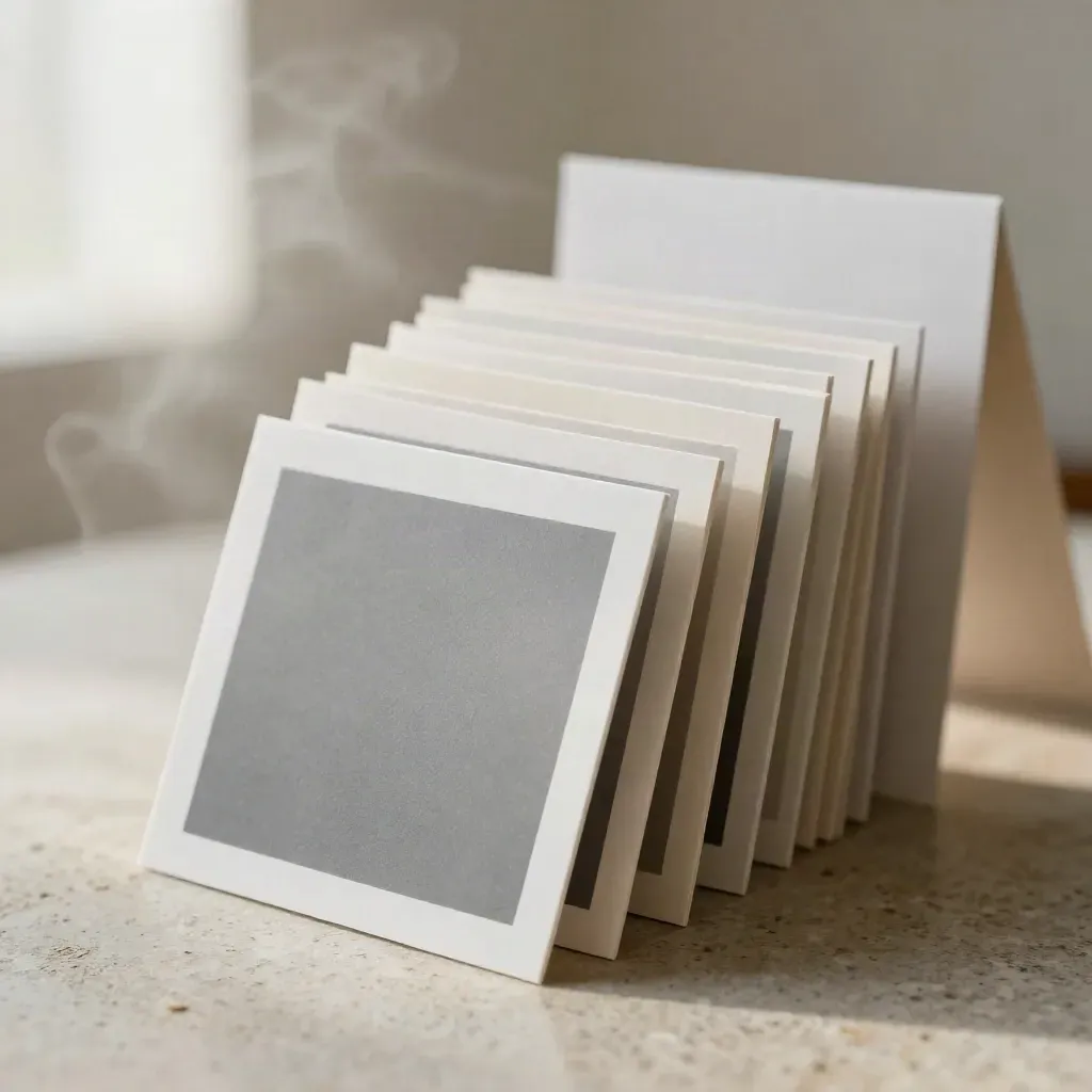 Twelve social media mockup tiles fanned beside a folded backdrop, lit in moody studio light.