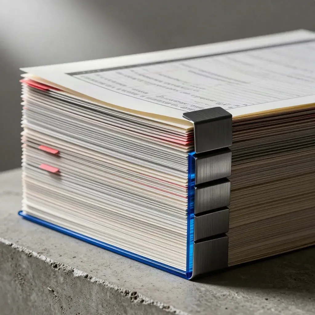 Macro of a conversion audit paper stack with red tabs, blue divider, and fix-list folder