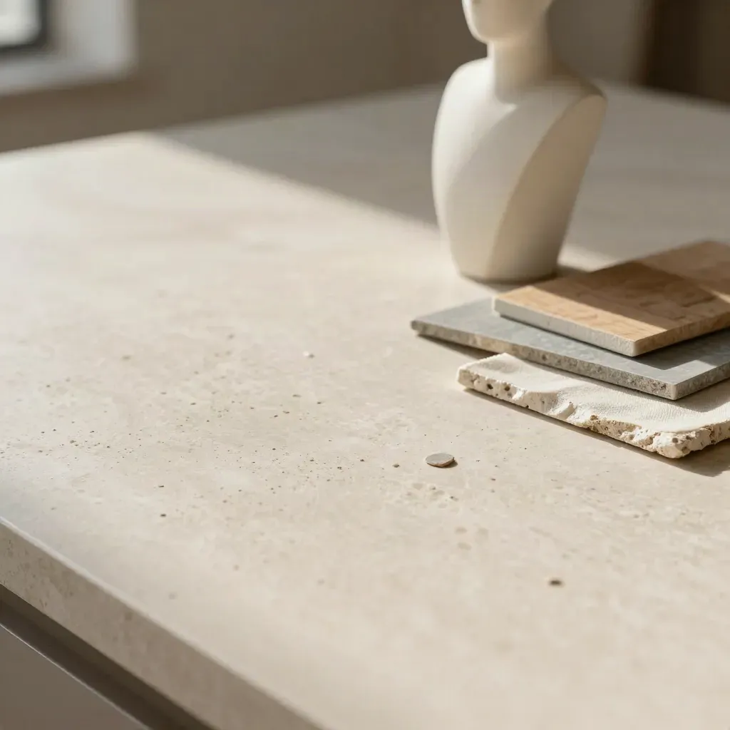 Pale travertine countertop with off-white facade model in soft morning light