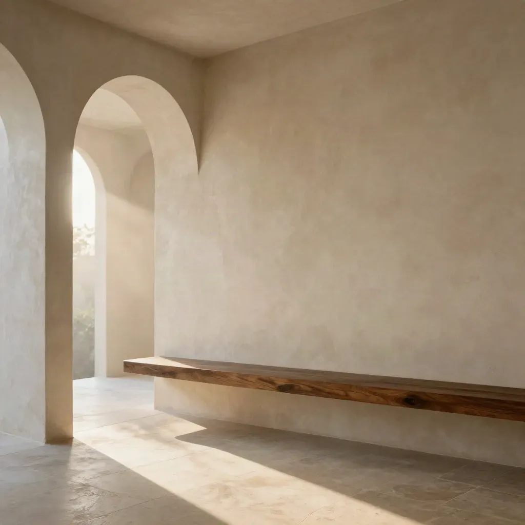 Sunlit plaster corridor with curved arch, dark oak ledge, and calm copy space.